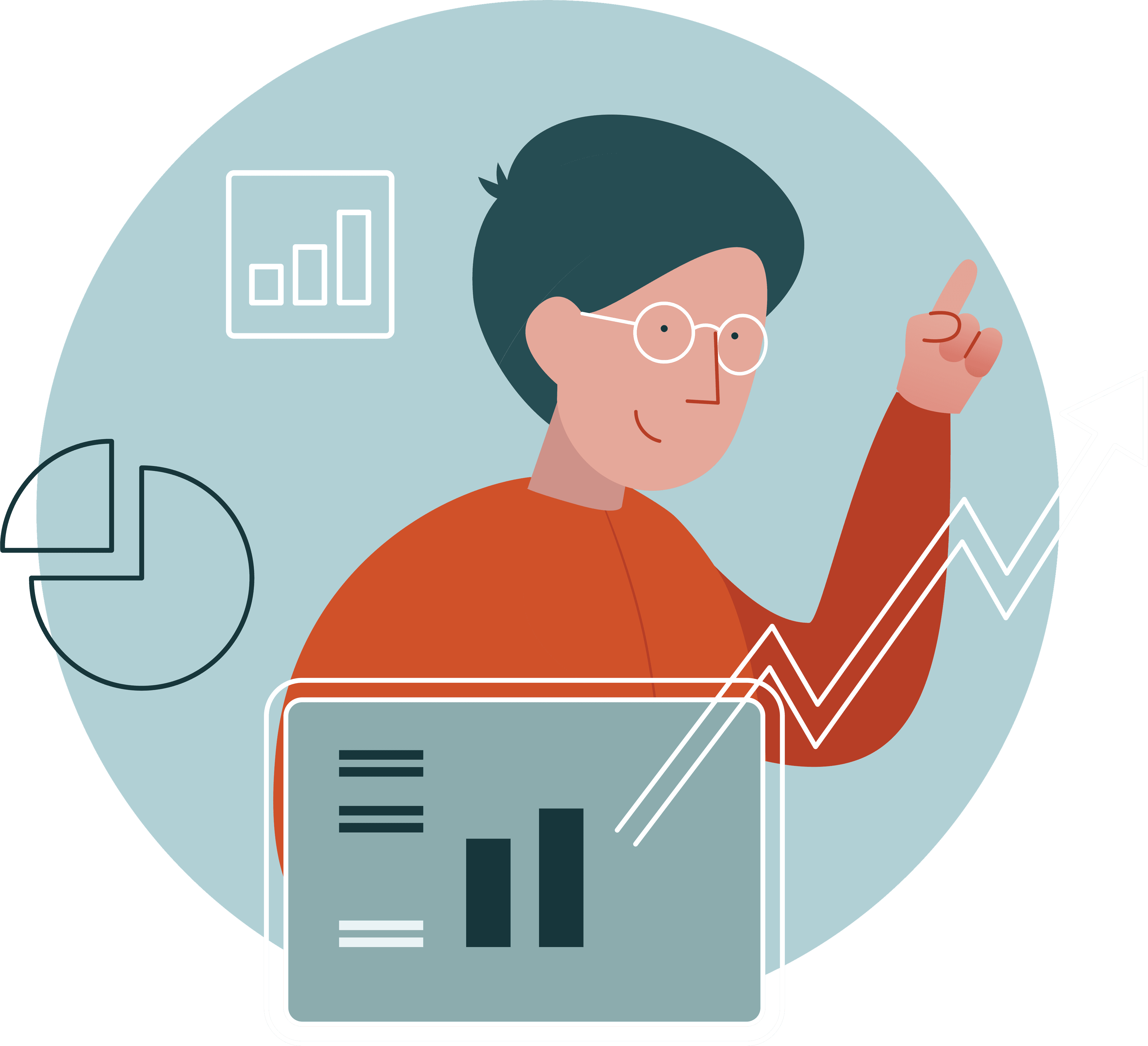 Illustration des Kulturtyps 'Die Strategisten': Eine Person, die vor ein Diagramm steht und eine Entscheidung trifft